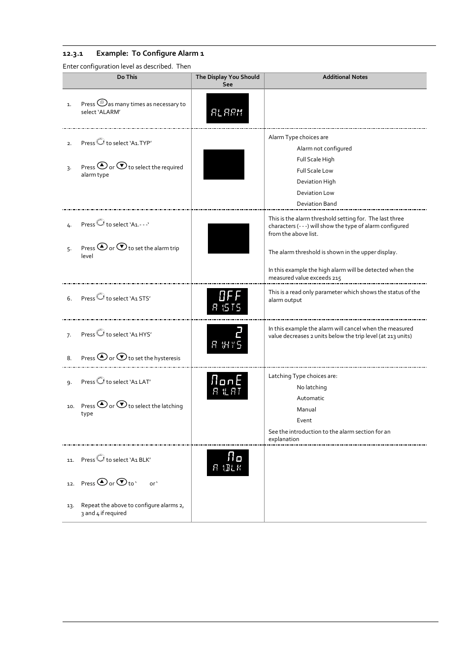 1 example: to configure alarm 1, Example: to configure alarm 1, Hi a1 . t yp | 215 a1 . h i | Super Systems 3 Series User Manual | Page 67 / 92