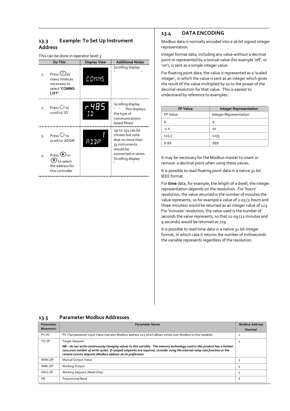 3 example: to set up instrument address, 4 data encoding, 5 parameter modbus addresses | Example: to set up instrument address, Data encoding, Parameter modbus addresses | Super Systems 3 Series User Manual | Page 71 / 92