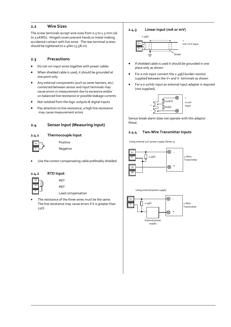 2 wire sizes, 3 precautions, 4 sensor input (measuring input) | 1 thermocouple input, 2 rtd input, 3 linear input (ma or mv), 4 two-wire transmitter inputs, Wire sizes, Precautions, Sensor input (measuring input) | Super Systems 3 Series User Manual | Page 9 / 92