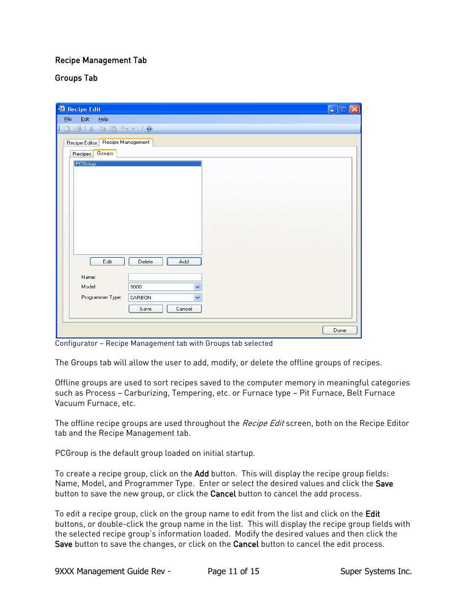 Recipe management tab groups tab | Super Systems 9000 Series User Manual | Page 11 / 15