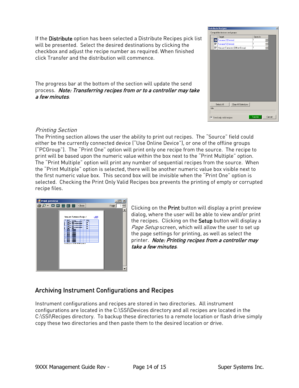 Printing section, Archiving instrument configurations and recipes | Super Systems 9000 Series User Manual | Page 14 / 15