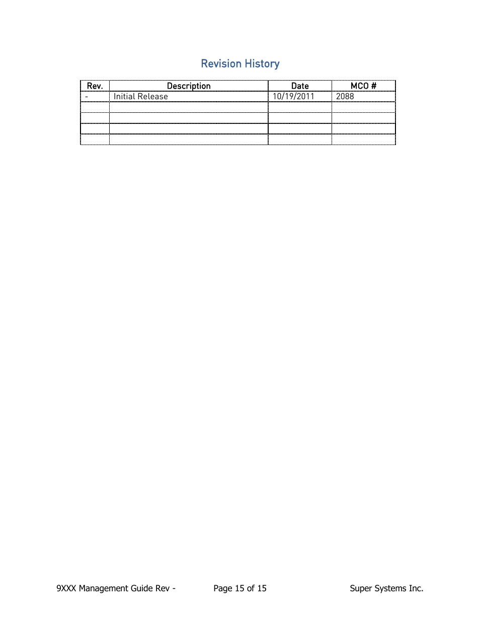 Revision history | Super Systems 9000 Series User Manual | Page 15 / 15