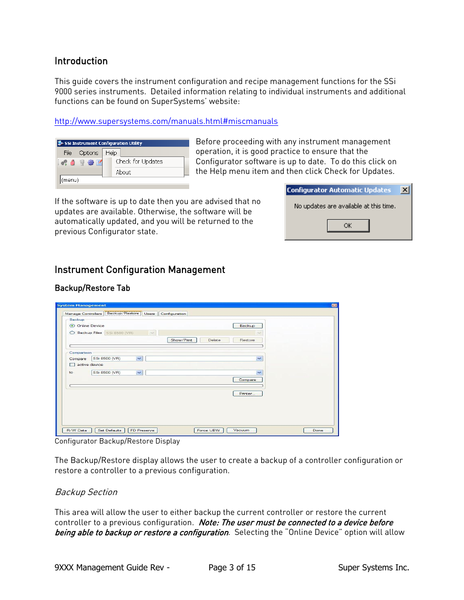 Introduction instrument configuration management, Backup/restore tab, Backup section | Super Systems 9000 Series User Manual | Page 3 / 15