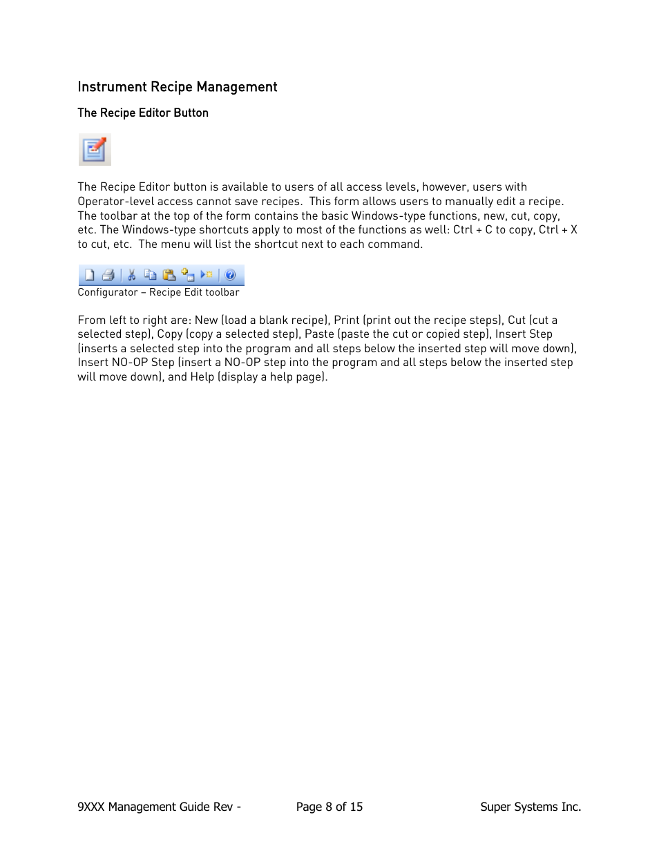 Instrument recipe management, The recipe editor button | Super Systems 9000 Series User Manual | Page 8 / 15