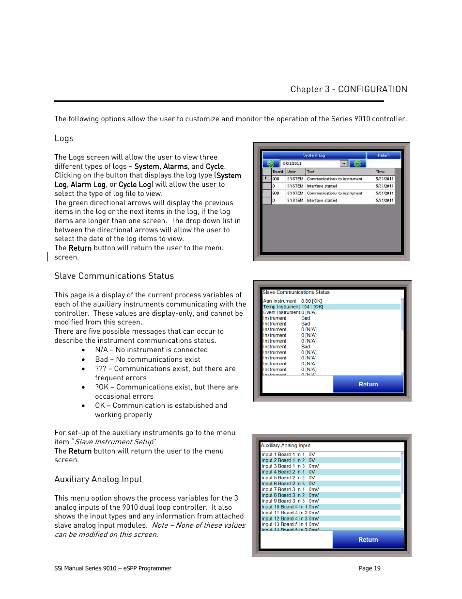Chapter 3 - configuration, Logs, Auxiliary analog input | Super Systems 9010 Series User Manual | Page 19 / 66
