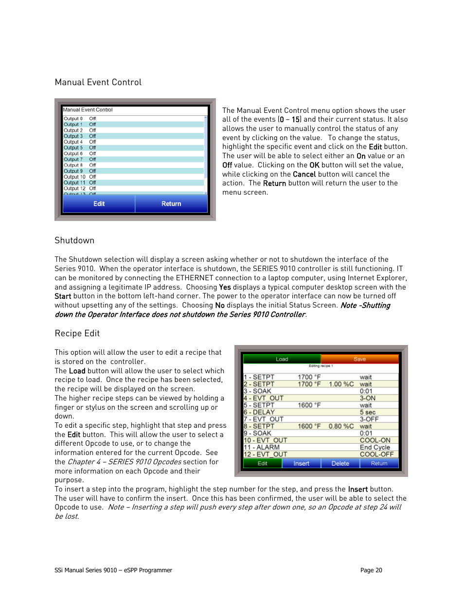 Manual event control, Shutdown, Recipe edit | Super Systems 9010 Series User Manual | Page 20 / 66