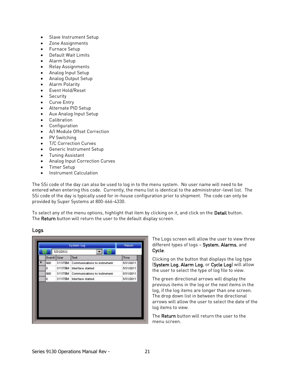 Logs | Super Systems 9130 Series User Manual | Page 22 / 174