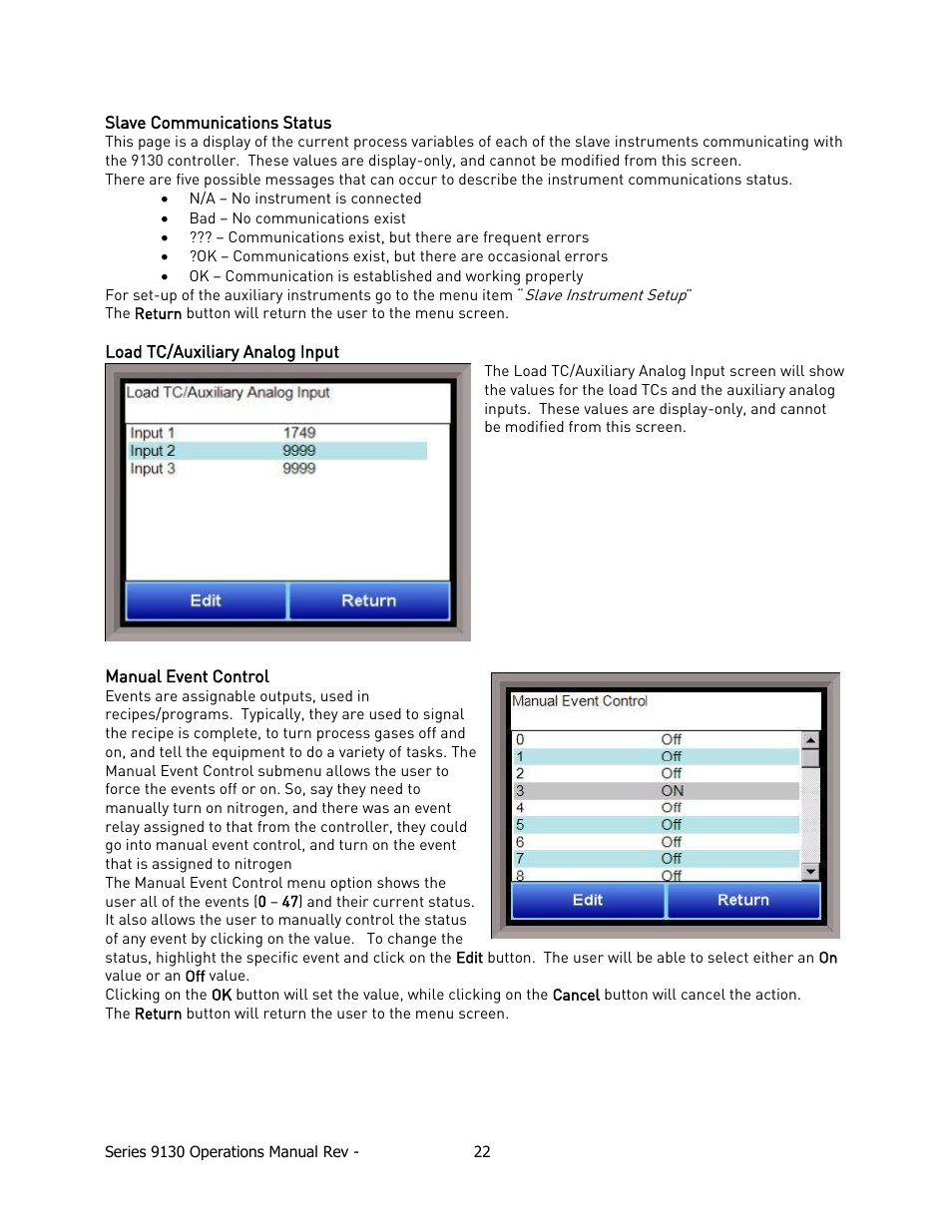 Slave communications status, Load tc/auxiliary analog input, Manual event control | Super Systems 9130 Series User Manual | Page 23 / 174