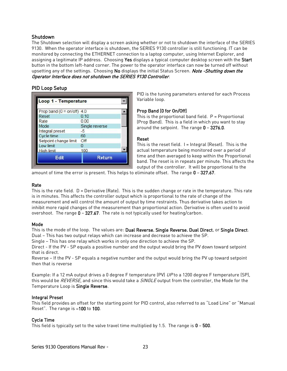Shutdown, Pid loop setup | Super Systems 9130 Series User Manual | Page 24 / 174