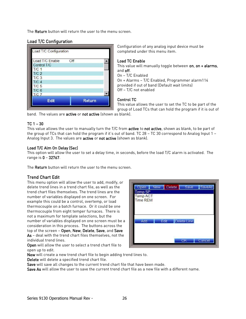 Load t/c configuration, Trend chart edit | Super Systems 9130 Series User Manual | Page 27 / 174