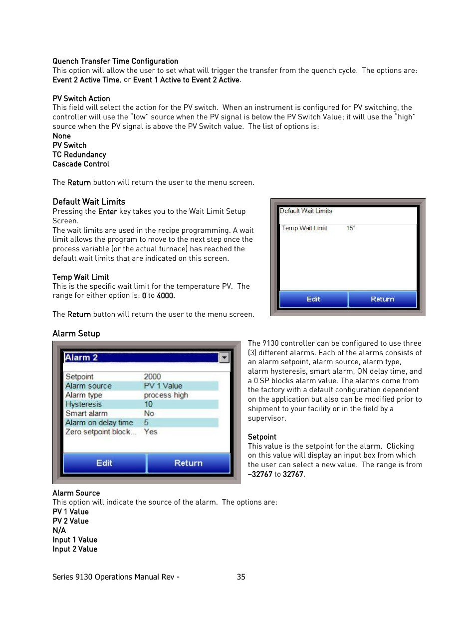 Default wait limits, Alarm setup | Super Systems 9130 Series User Manual | Page 36 / 174