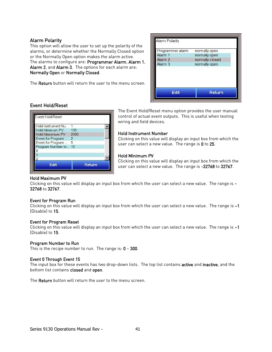 Alarm polarity, Event hold/reset | Super Systems 9130 Series User Manual | Page 42 / 174