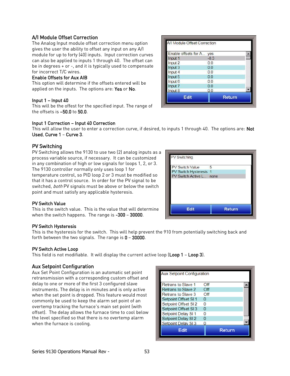 A/i module offset correction, Pv switching, Aux setpoint configuration | Super Systems 9130 Series User Manual | Page 54 / 174