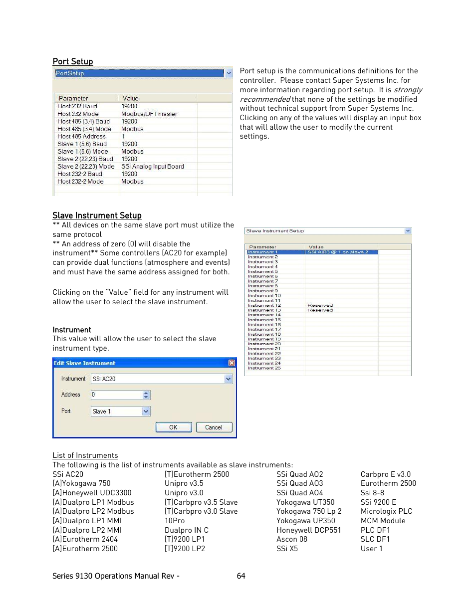 Etup, Lave, Nstrument | Super Systems 9130 Series User Manual | Page 65 / 174