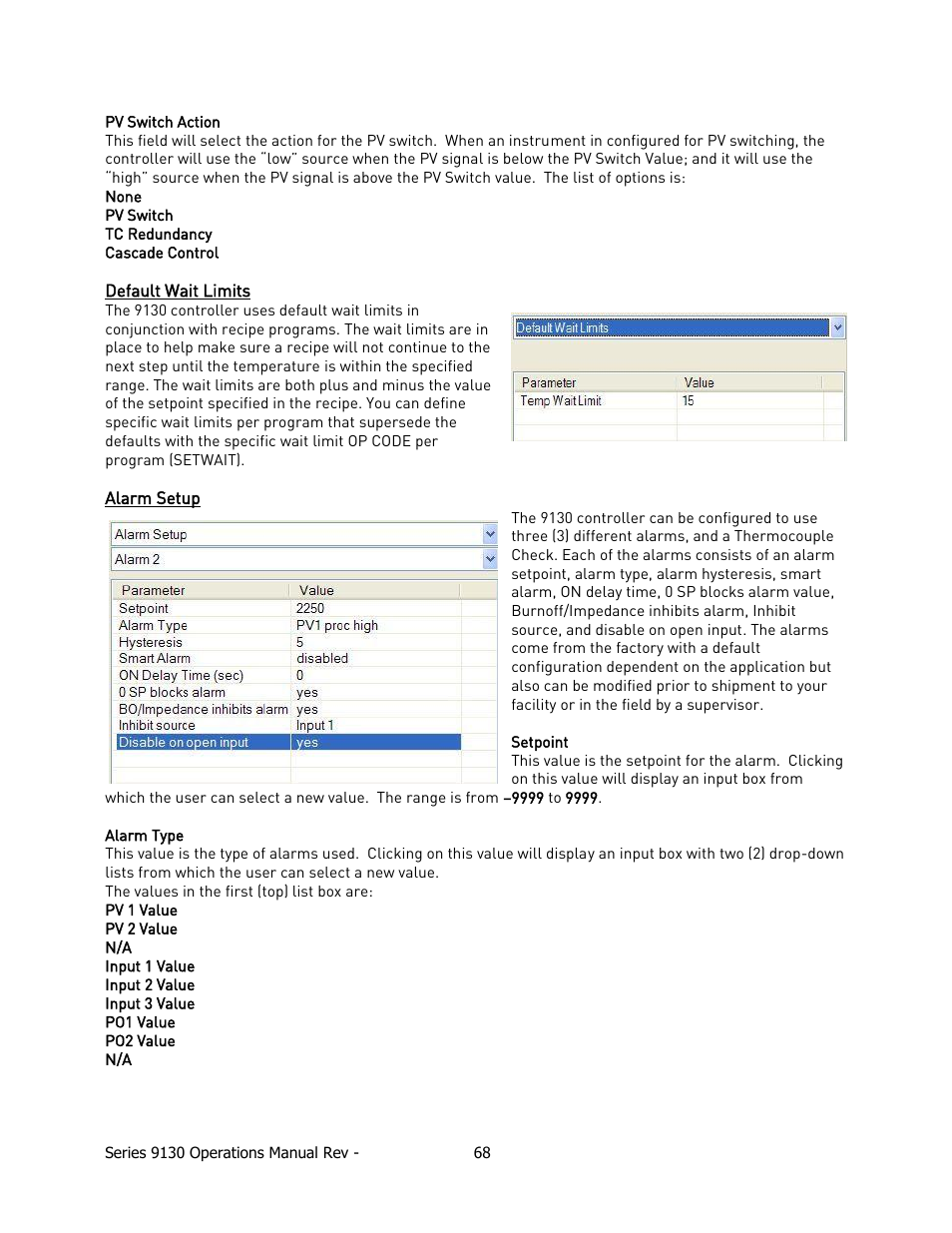 Efault, Imits, Larm | Etup | Super Systems 9130 Series User Manual | Page 69 / 174