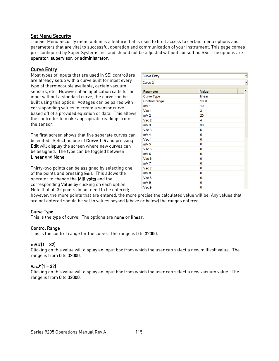 Set menu security, Curve entry, Ecurity | Urve, Ntry | Super Systems 9205 Series User Manual | Page 116 / 235