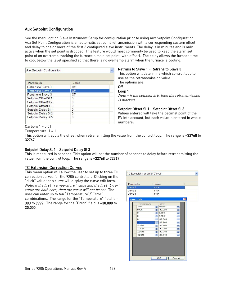 Aux setpoint configuration, Tc extension correction curves, Etpoint | Onfiguration, Xtension, Orrection, Urves | Super Systems 9205 Series User Manual | Page 124 / 235