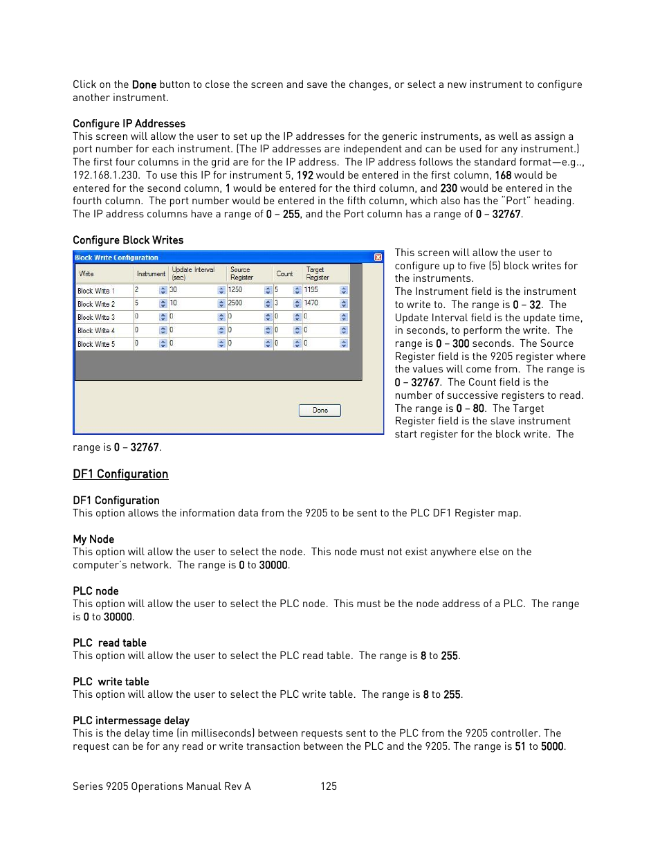 Configure ip addresses, Configure block writes, Df1 configuration | Onfiguration | Super Systems 9205 Series User Manual | Page 126 / 235