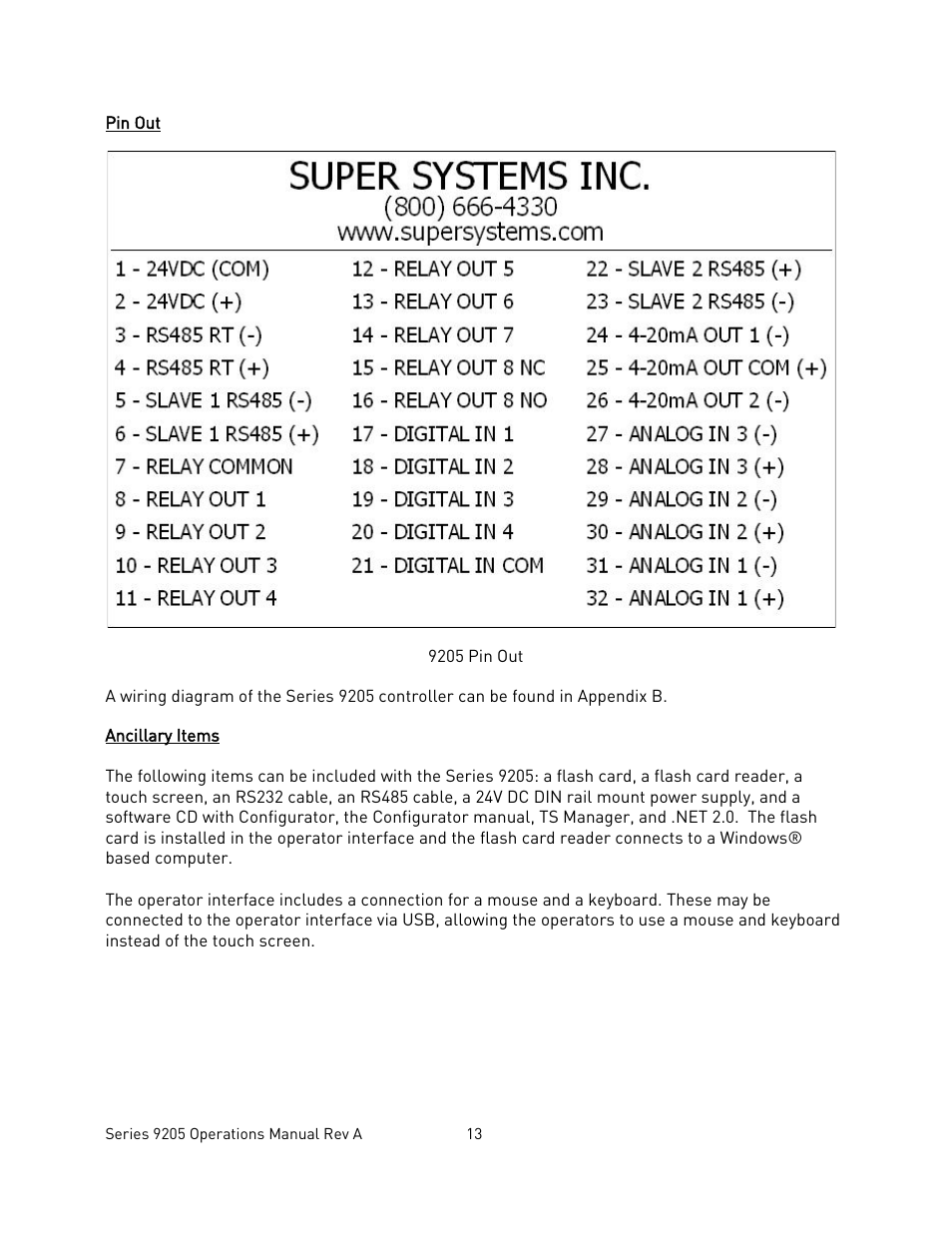 Pin out, Ancillary items, Ncillary | Tems | Super Systems 9205 Series User Manual | Page 14 / 235