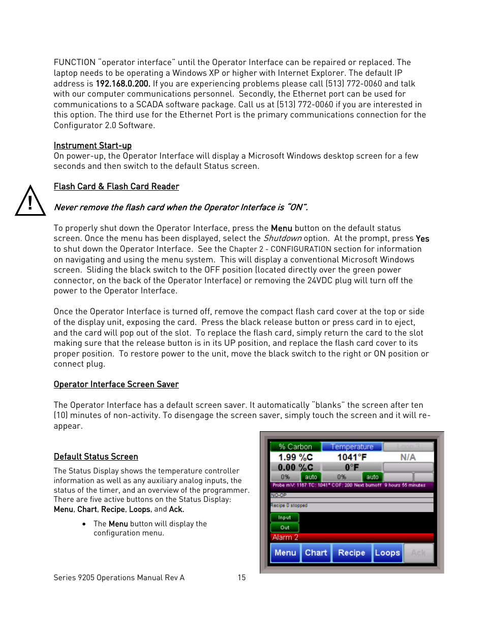 Instrument start-up, Flash card & flash card reader, Operator interface screen saver | Default status screen, Nstrument, Tart, Lash, Eader, Perator, Nterface | Super Systems 9205 Series User Manual | Page 16 / 235