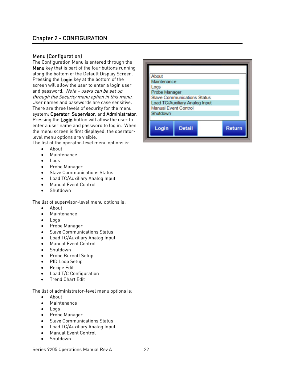 Chapter 2 - configuration, Menu (configuration), Onfiguration | Super Systems 9205 Series User Manual | Page 23 / 235