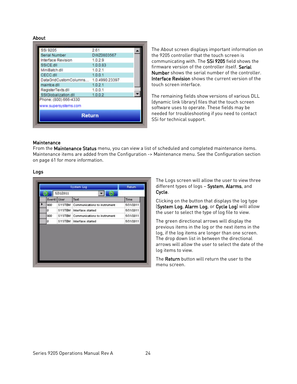 About, Maintenance, Logs | Super Systems 9205 Series User Manual | Page 25 / 235
