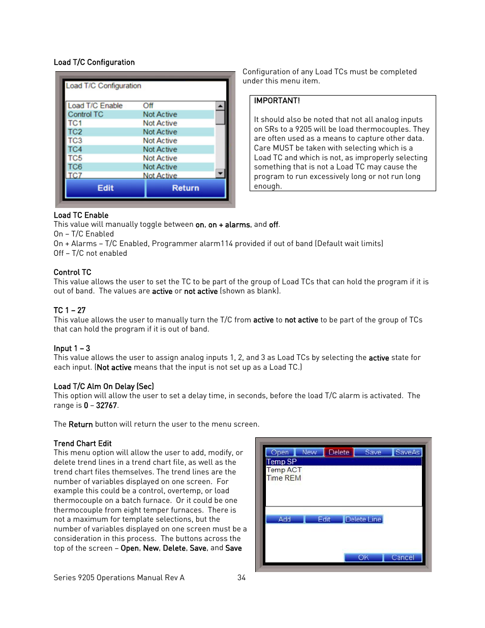 Load t/c configuration, Trend chart edit | Super Systems 9205 Series User Manual | Page 35 / 235