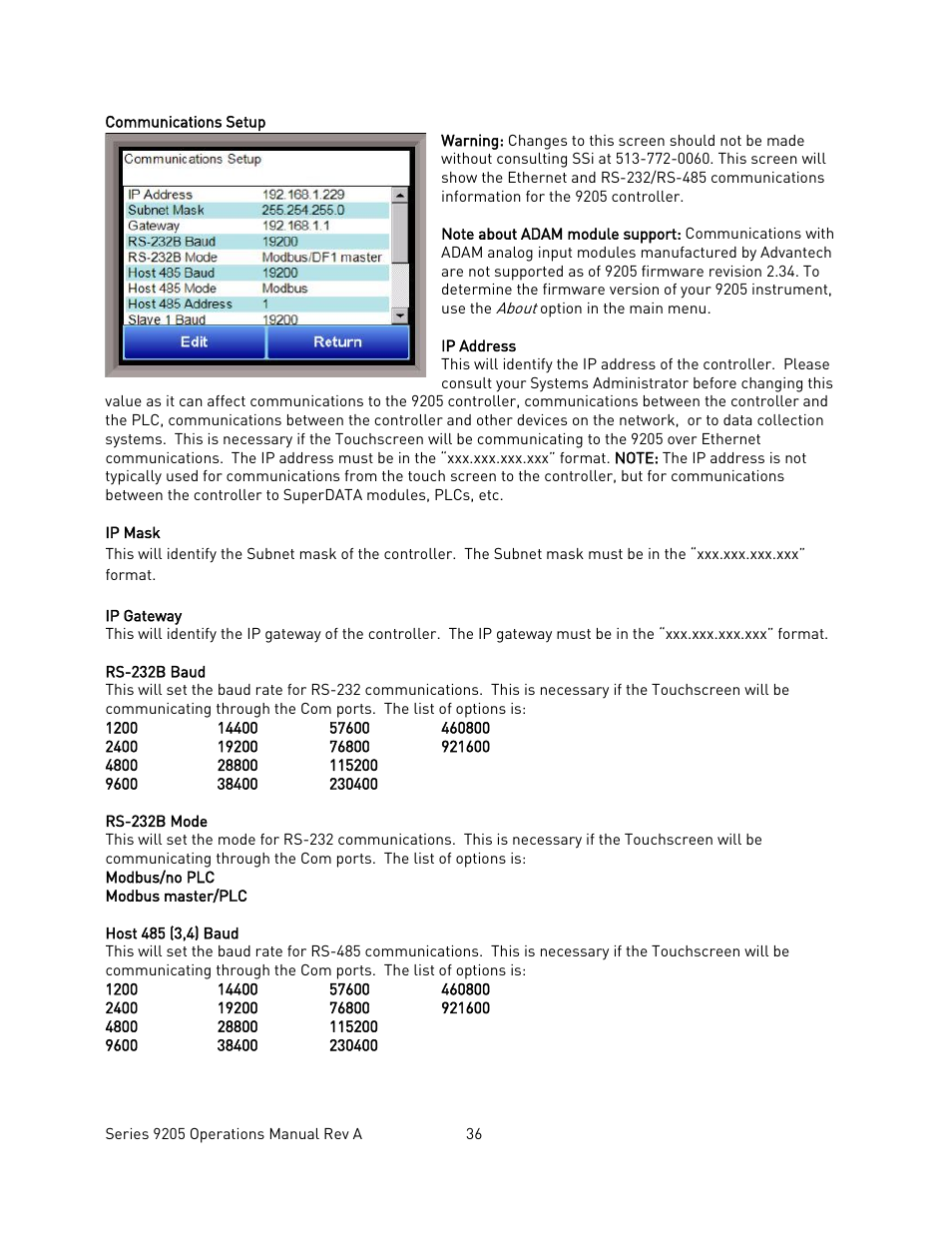 Communications setup | Super Systems 9205 Series User Manual | Page 37 / 235