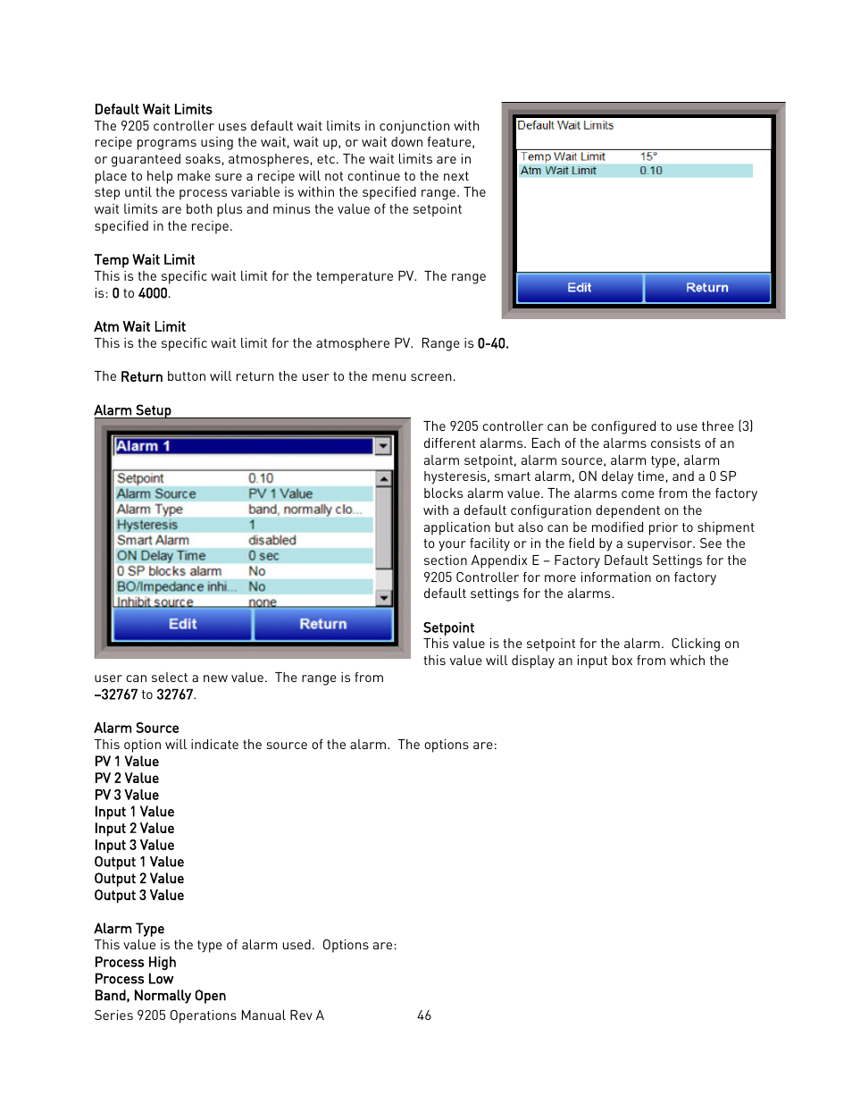 Default wait limits, Alarm setup | Super Systems 9205 Series User Manual | Page 47 / 235