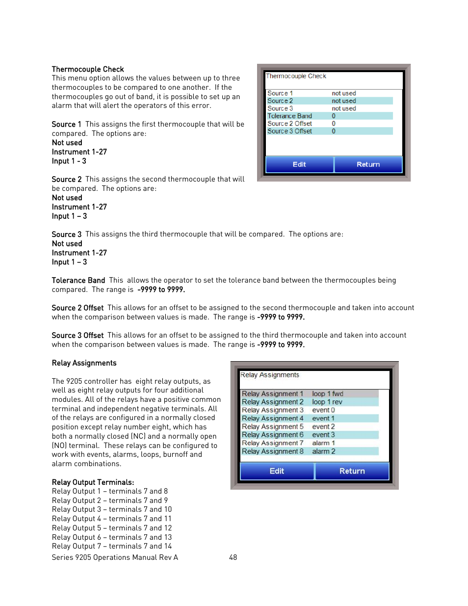 Thermocouple check, Relay assignments | Super Systems 9205 Series User Manual | Page 49 / 235