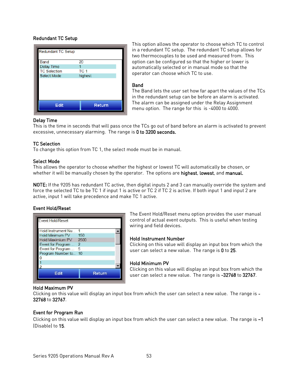 Redundant tc setup, Event hold/reset | Super Systems 9205 Series User Manual | Page 54 / 235
