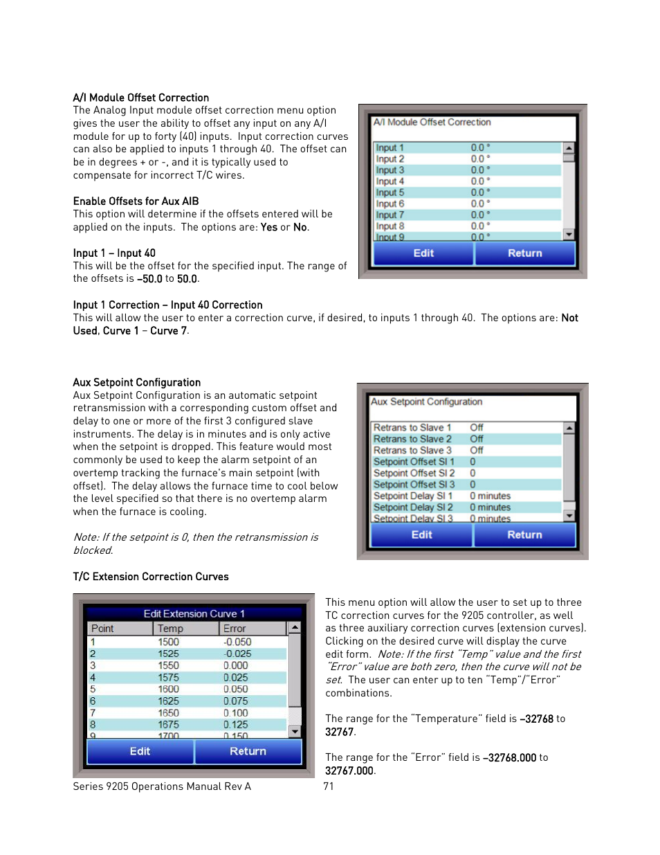 A/i module offset correction, Aux setpoint configuration, T/c extension correction curves | Super Systems 9205 Series User Manual | Page 72 / 235