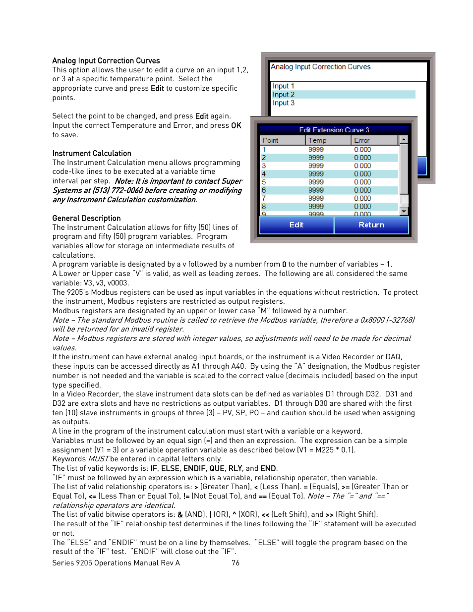 Analog input correction curves, Instrument calculation | Super Systems 9205 Series User Manual | Page 77 / 235