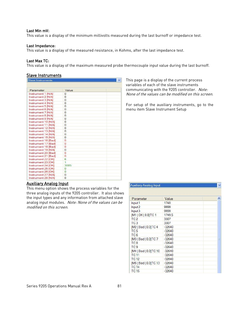 Slave instruments, Auxiliary analog input, Lave | Nstruments, Uxiliary, Nalog, Nput | Super Systems 9205 Series User Manual | Page 82 / 235