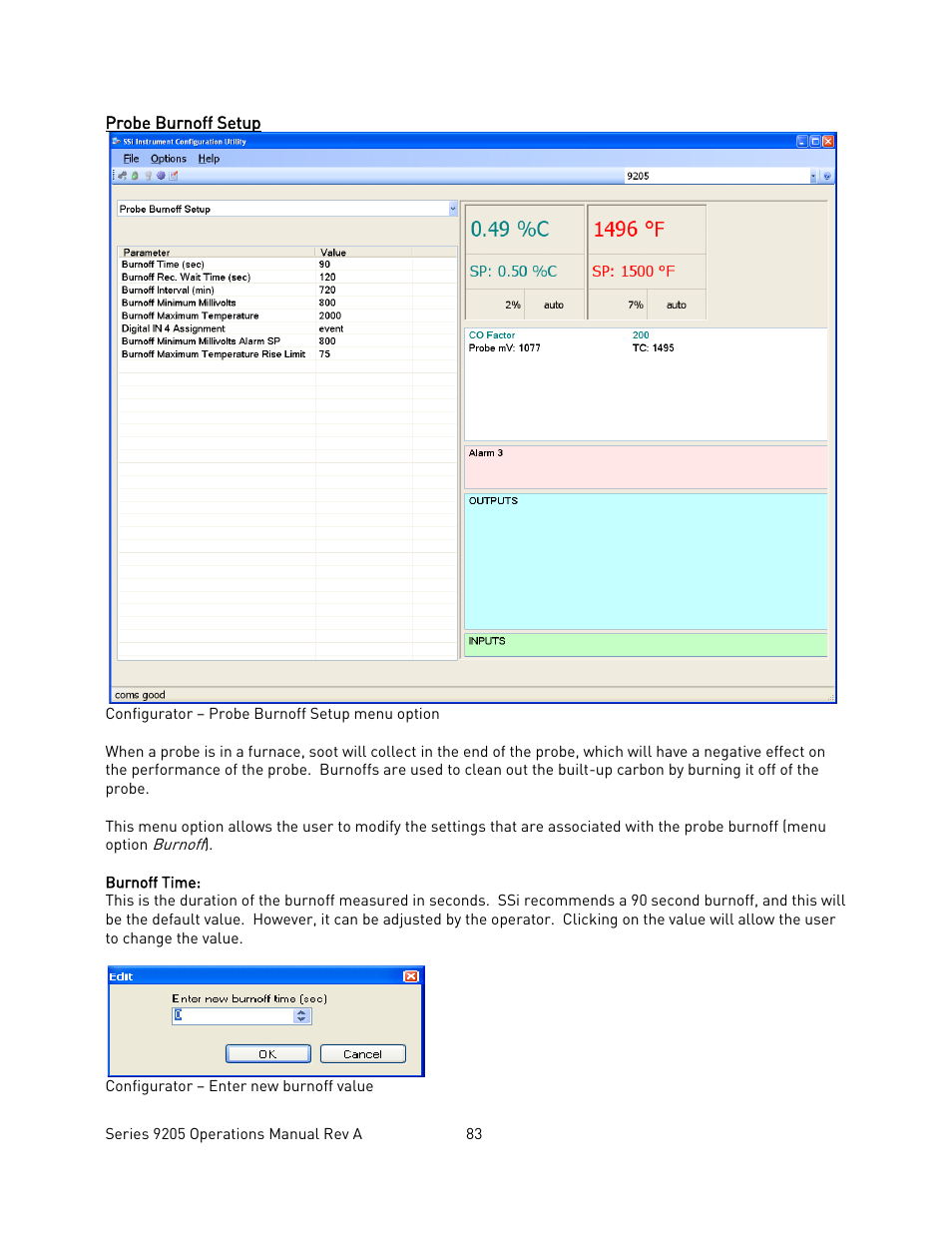 Probe burnoff setup, Robe, Urnoff | Etup | Super Systems 9205 Series User Manual | Page 84 / 235