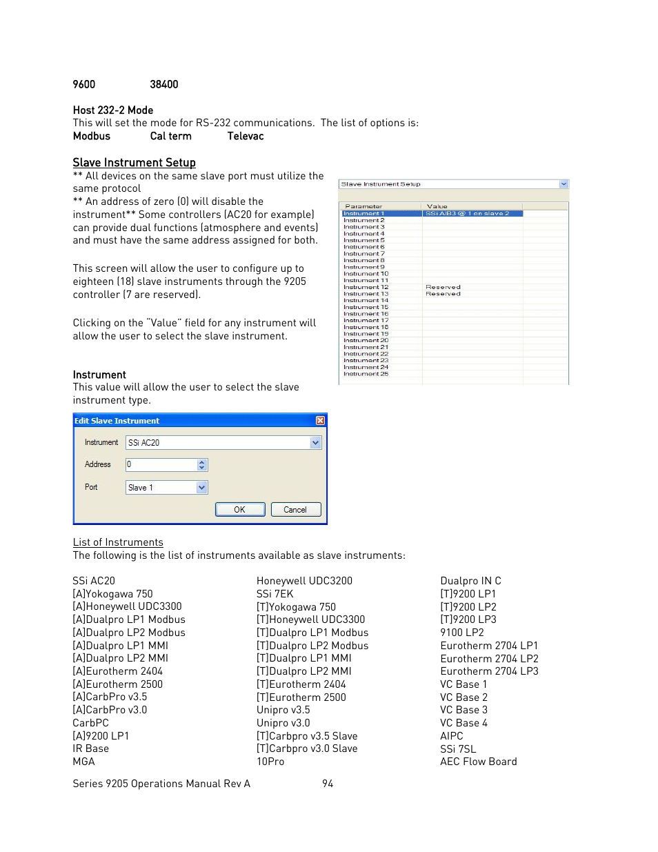 Slave instrument setup, Lave, Nstrument | Etup | Super Systems 9205 Series User Manual | Page 95 / 235