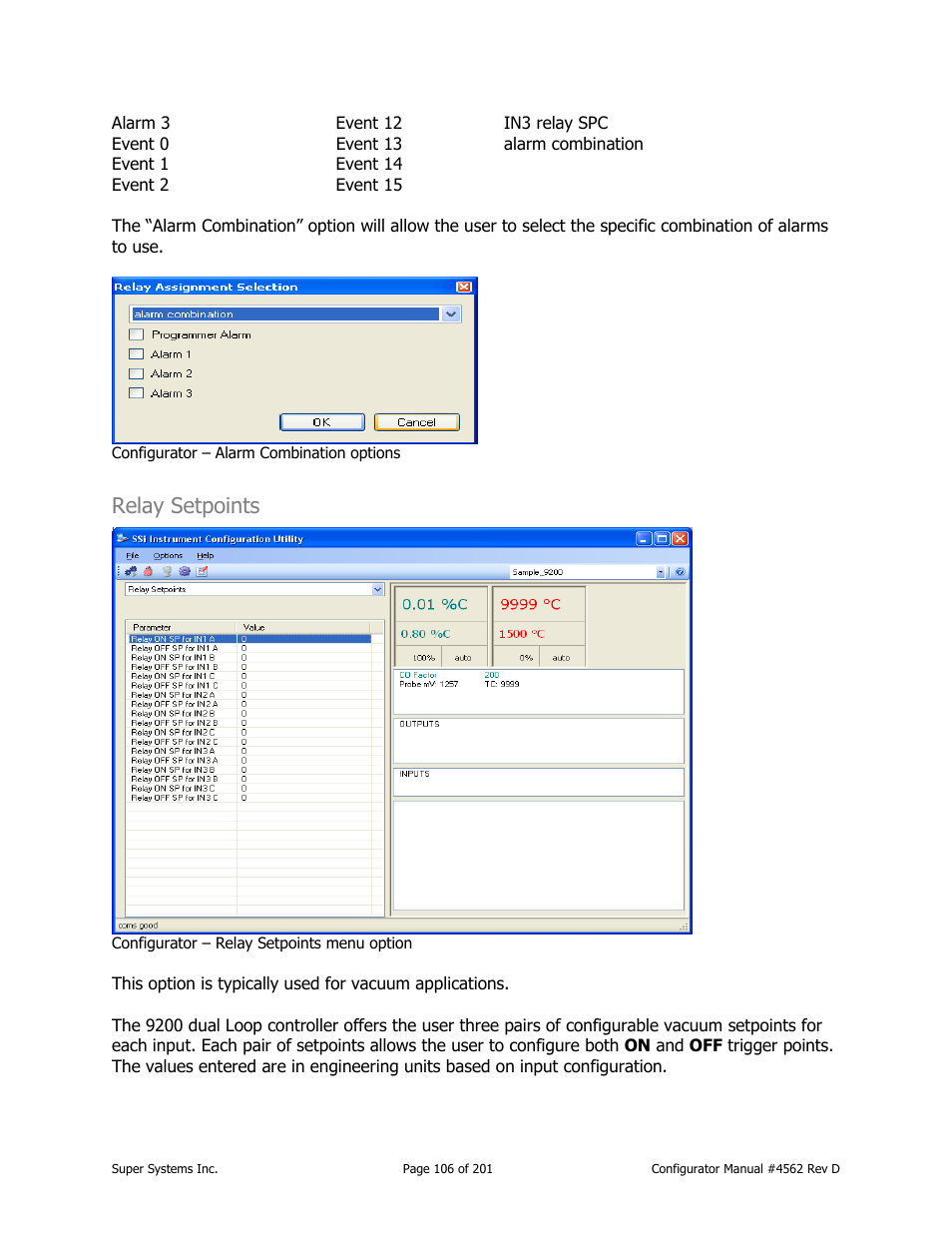 Relay setpoints | Super Systems PC Configurator 2 User Manual | Page 106 / 201