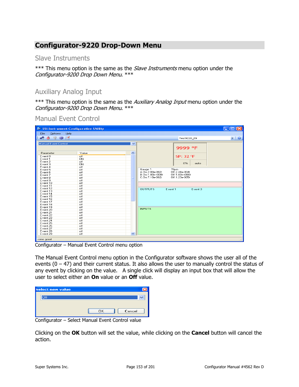 Configurator-9220 drop-down menu slave instruments, Auxiliary analog input, Manual event control | Super Systems PC Configurator 2 User Manual | Page 153 / 201