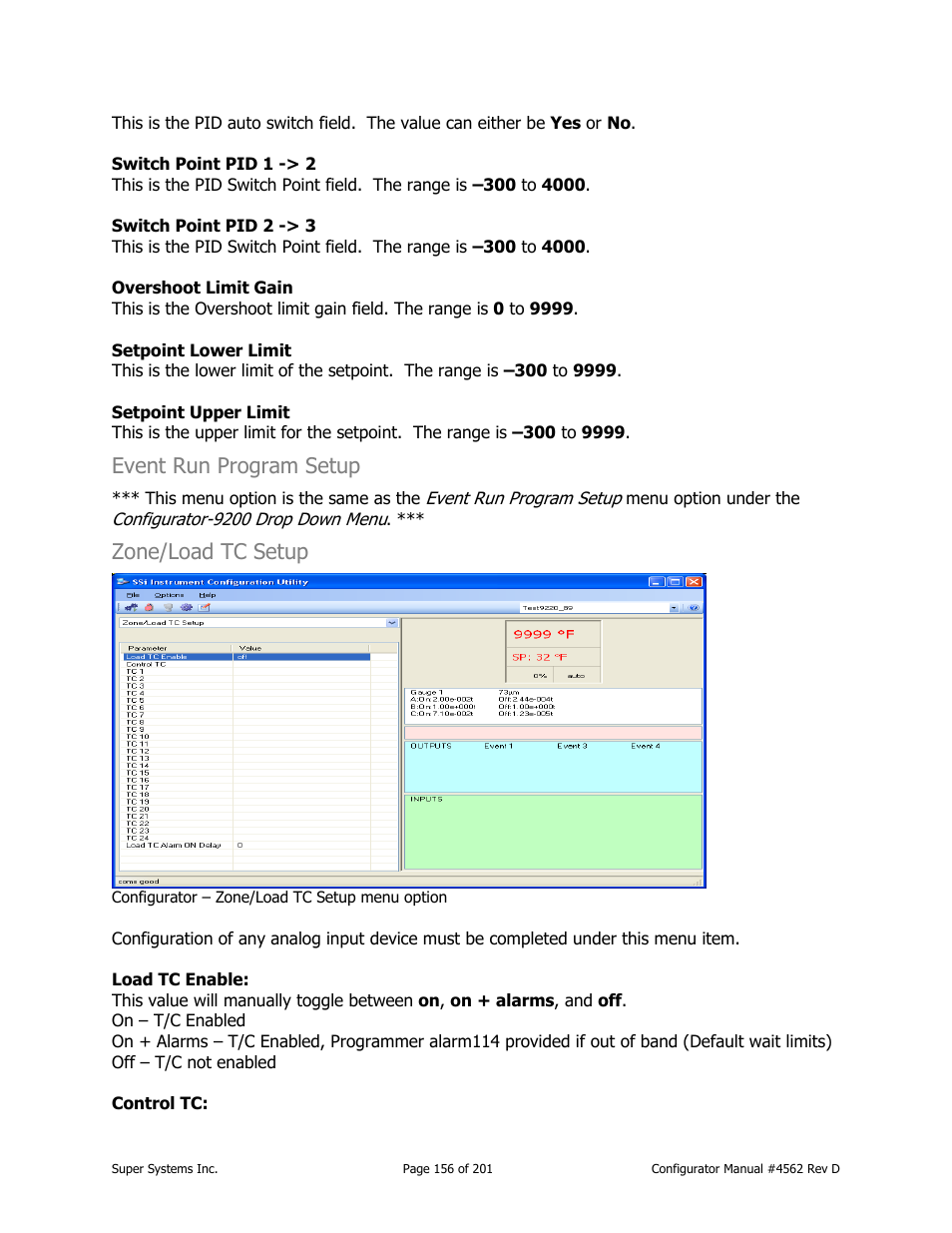 Event run program setup, Zone/load tc setup | Super Systems PC Configurator 2 User Manual | Page 156 / 201