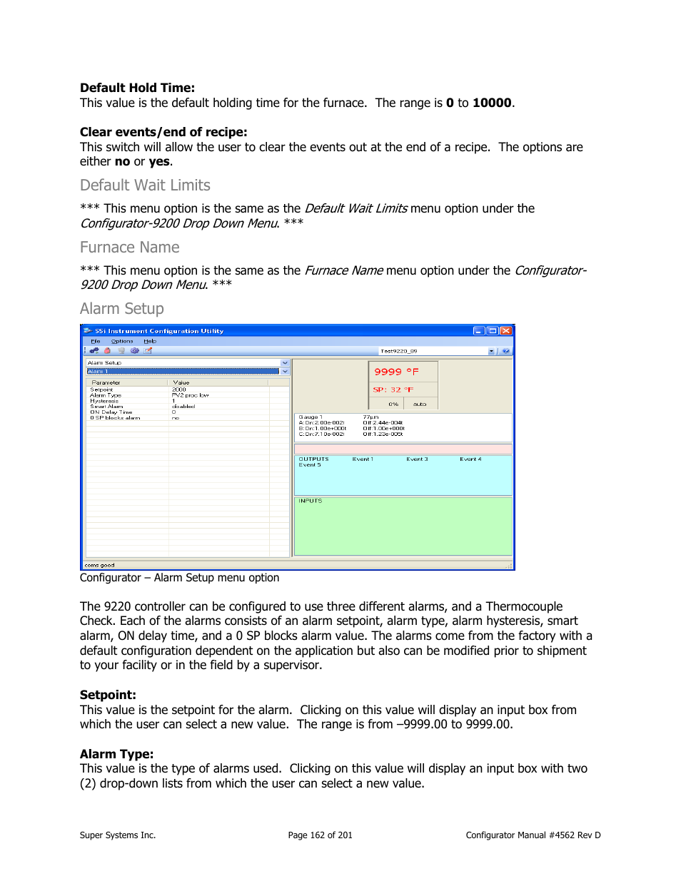 Default wait limits, Furnace name, Alarm setup | Super Systems PC Configurator 2 User Manual | Page 162 / 201