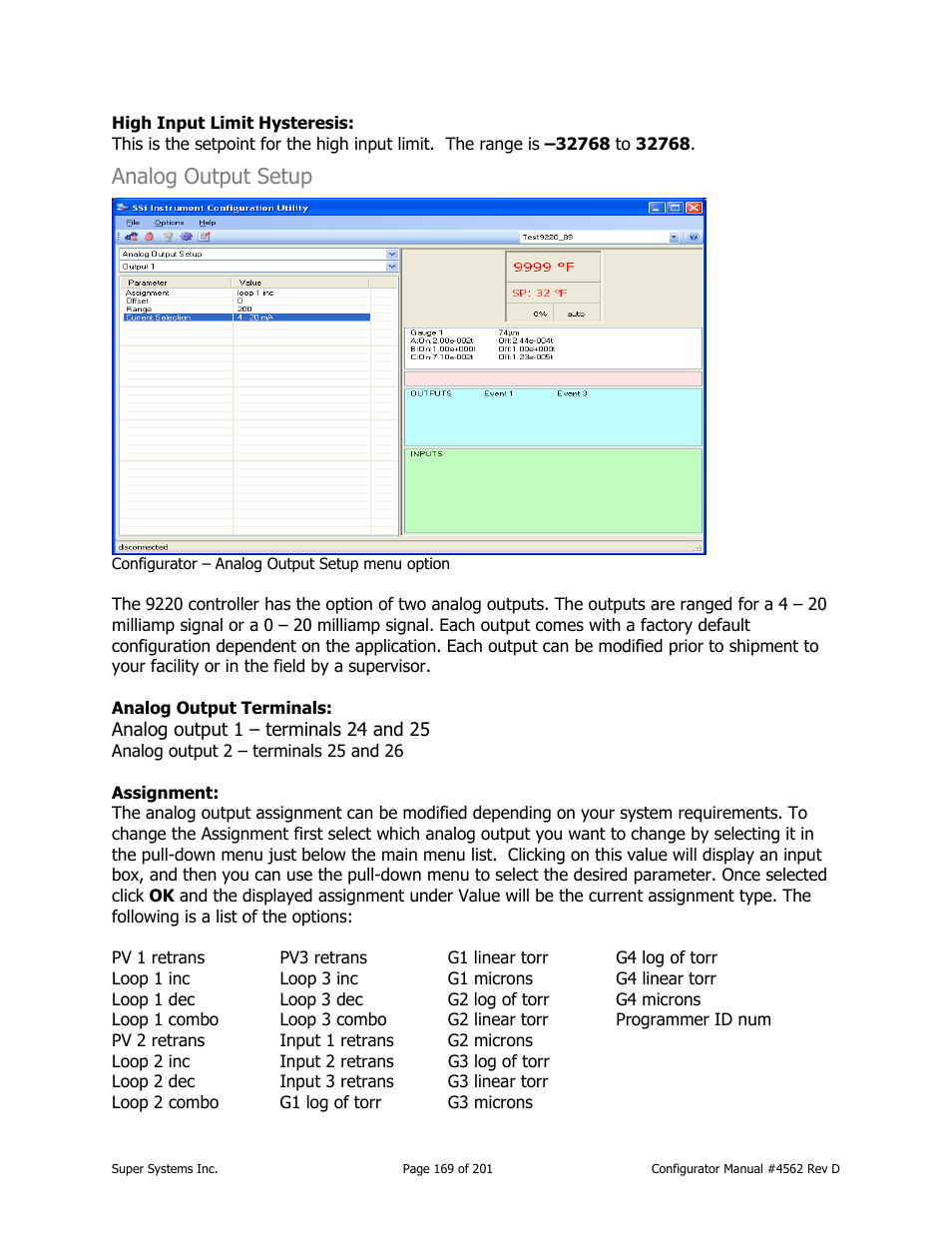 Analog output setup | Super Systems PC Configurator 2 User Manual | Page 169 / 201