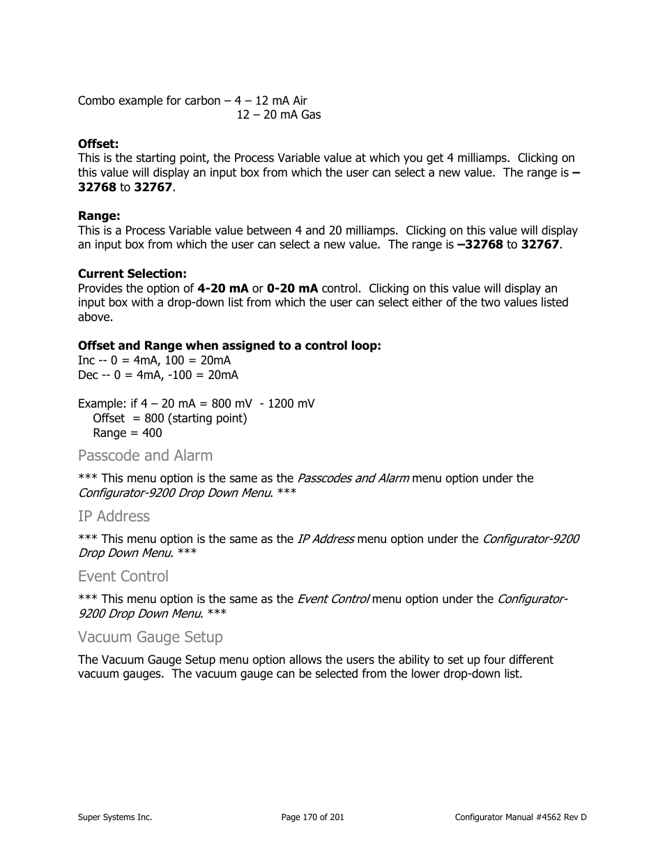 Passcode and alarm, Ip address, Event control | Vacuum gauge setup | Super Systems PC Configurator 2 User Manual | Page 170 / 201