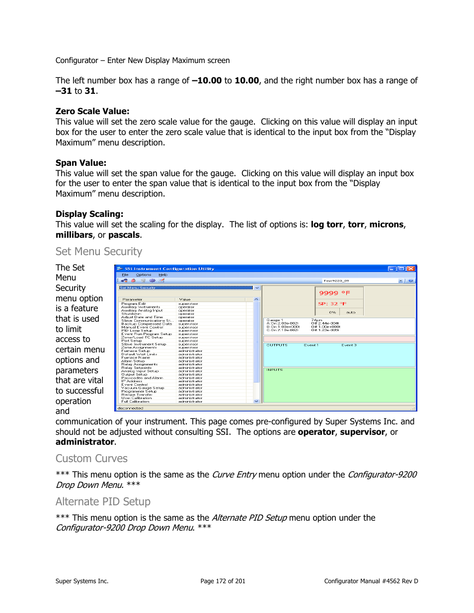 Set menu security, Custom curves, Alternate pid setup | Super Systems PC Configurator 2 User Manual | Page 172 / 201