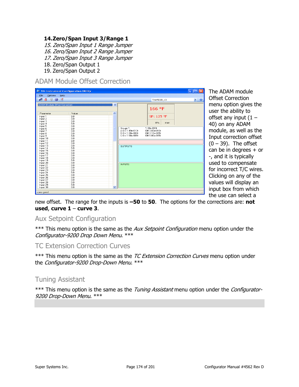 Adam module offset correction, Aux setpoint configuration, Tc extension correction curves | Tuning assistant | Super Systems PC Configurator 2 User Manual | Page 174 / 201