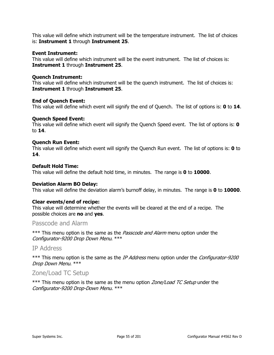 Passcode and alarm, Ip address, Zone/load tc setup | Super Systems PC Configurator 2 User Manual | Page 55 / 201