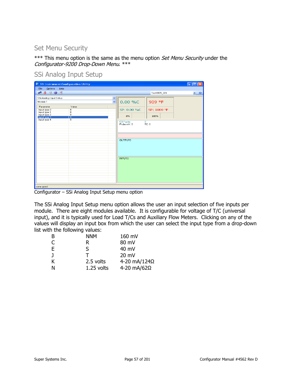 Set menu security, Ssi analog input setup | Super Systems PC Configurator 2 User Manual | Page 57 / 201