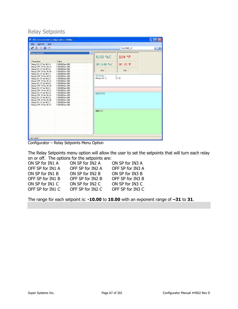 Relay setpoints | Super Systems PC Configurator 2 User Manual | Page 67 / 201