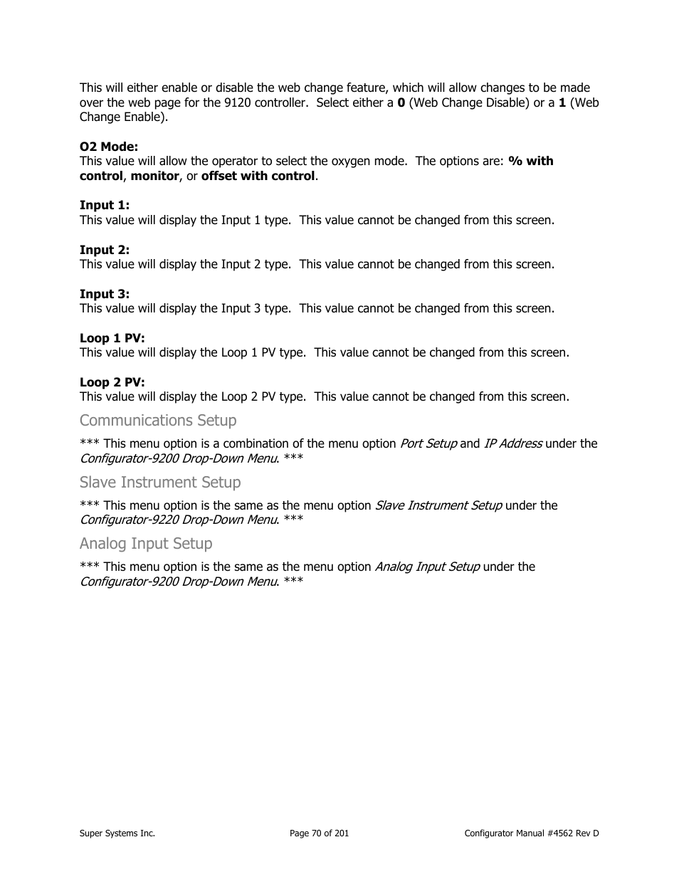 Communications setup, Slave instrument setup, Analog input setup | Super Systems PC Configurator 2 User Manual | Page 70 / 201