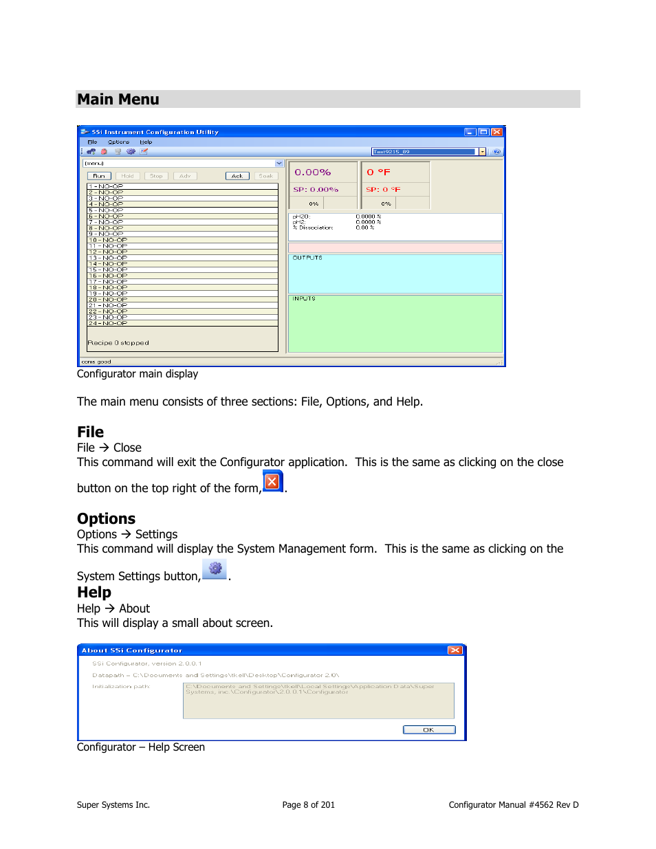 Main menu, File, Options | Help | Super Systems PC Configurator 2 User Manual | Page 8 / 201