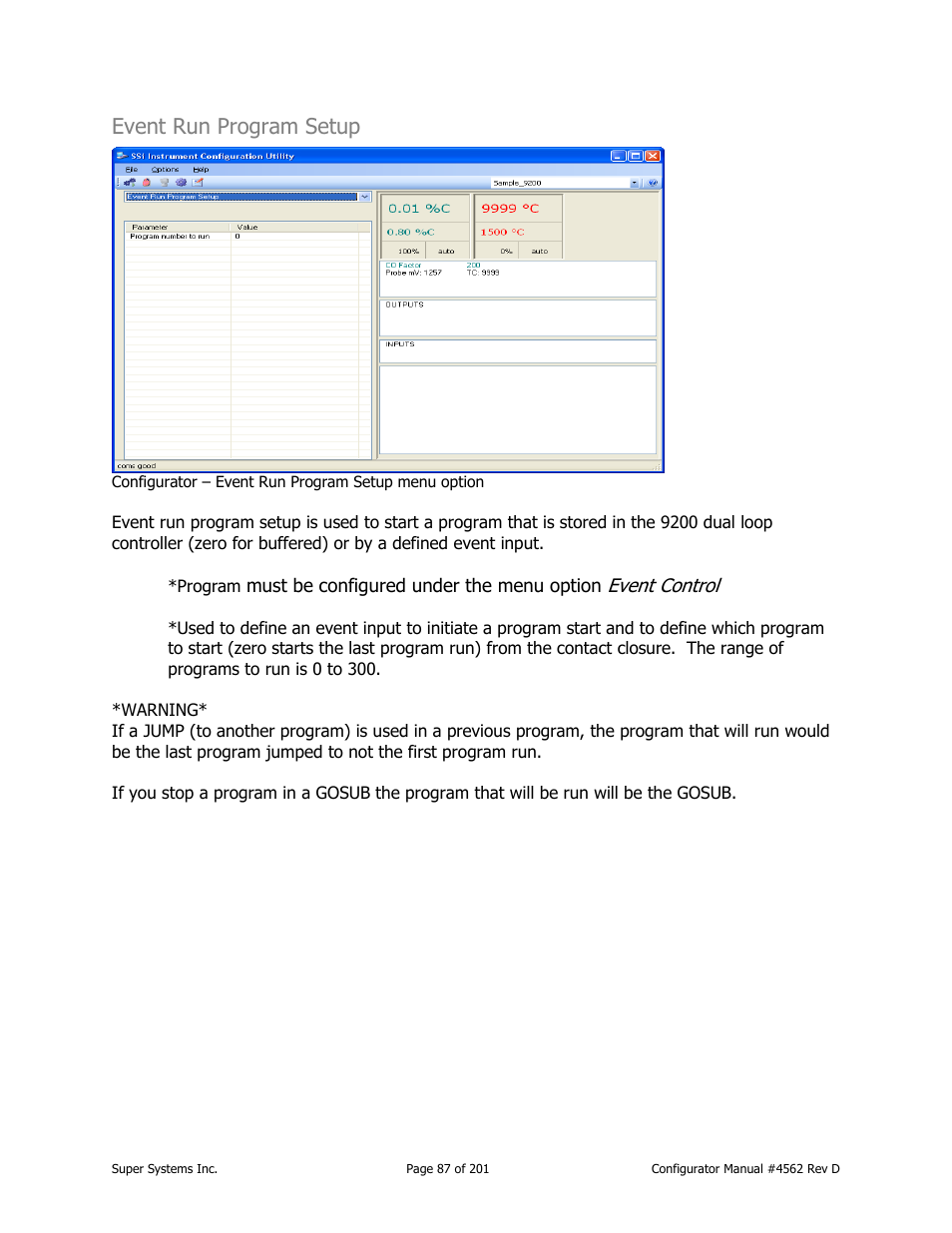 Event run program setup | Super Systems PC Configurator 2 User Manual | Page 87 / 201